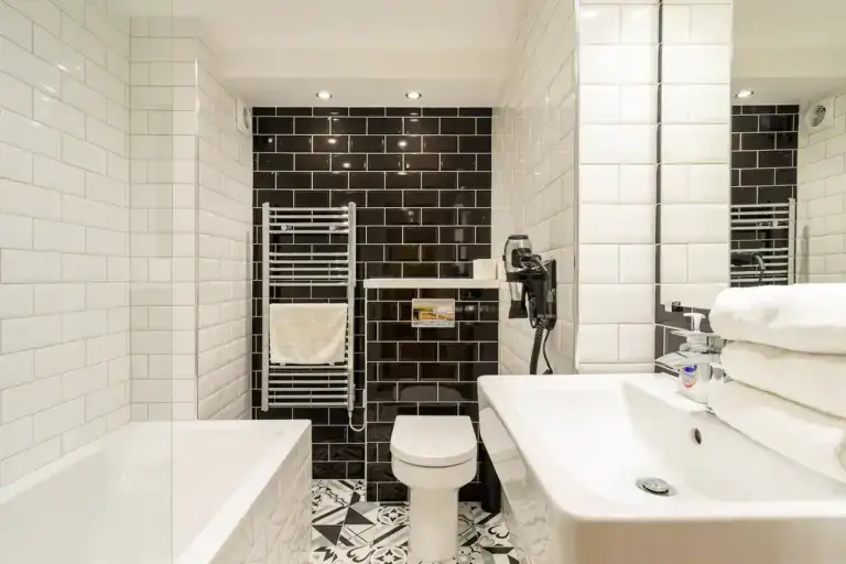 Bathroom with a walk-in shower, basin and black feature tiles