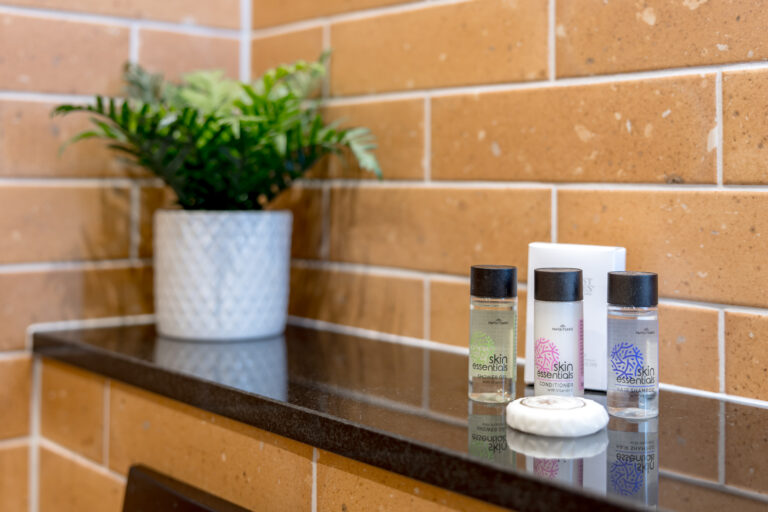Plant and toiletries on a shelf against ochre bathroom tiles