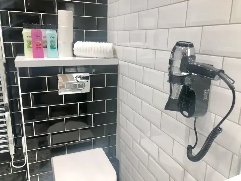 Wall-mounted hairdryer and toiletries in a tiled bathroom