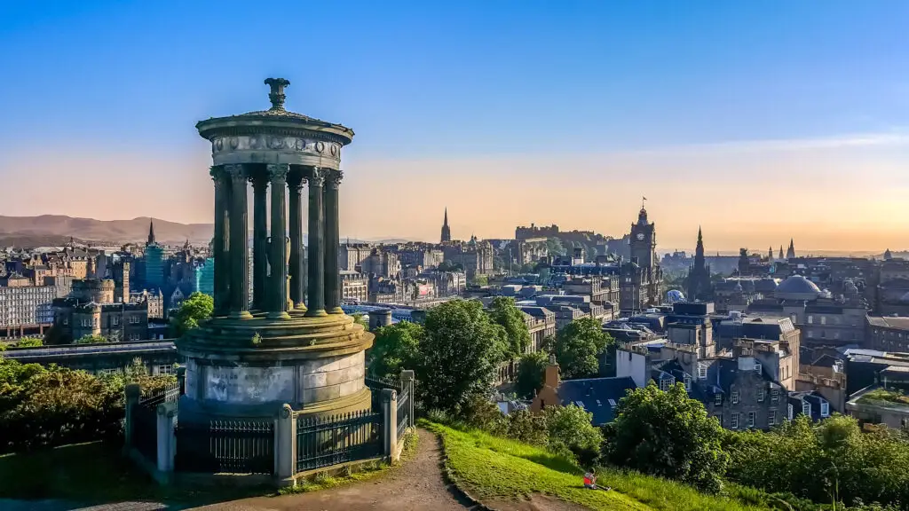 Dugald Stewart Monument overlooking the Edinburgh skyline from Calton Hill